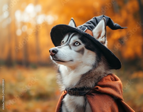 A beautiful dog wearing a witch costume to celebrate Halloween
 photo