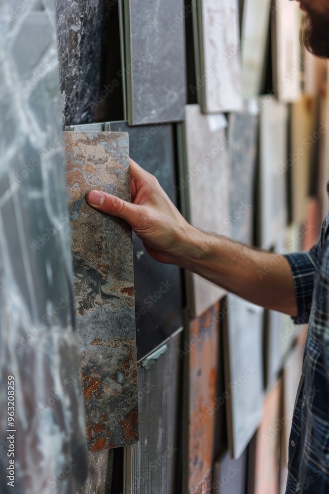 A man is looking at a wall of tiles, holding a tile in his hand. The tiles are of different colors and patterns, and the man seems to be examining them closely A man is looking at a wall of tiles, holding a tile in his hand. The tiles are of different colors and patterns, and the man seems to be examining them closely