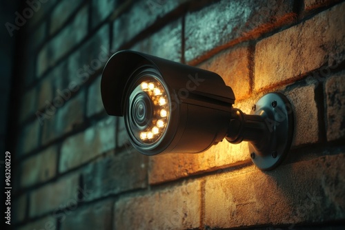 A security camera cctv mounted on a brick wall