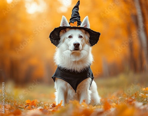 A beautiful dog wearing a witch costume to celebrate Halloween photo