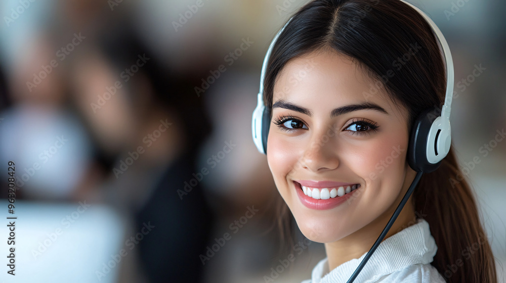 Smiling young businesswoman wearing a headset in a bustling office setting looks elegant Smiling young businesswoman wearing a headset in a bustling office setting looks elegant