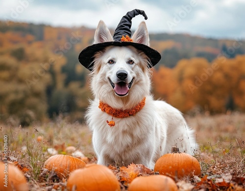 A beautiful dog wearing a witch costume to celebrate Halloween photo