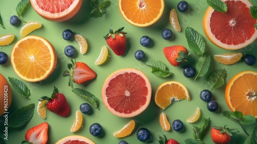 A colorful fruit salad with oranges, strawberries, blueberries, and mint. Concept of freshness and healthiness, as well as a vibrant and lively atmosphere