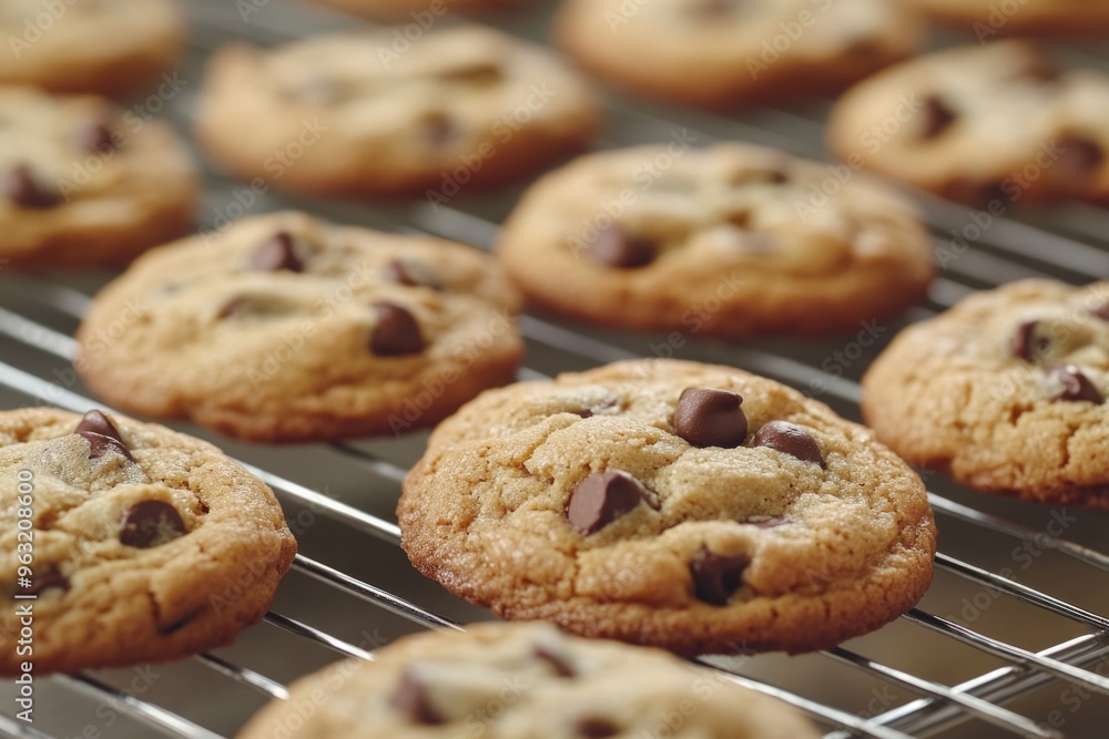 A rack of chocolate chip cookies. The cookies are all different sizes and are placed on a metal rack A rack of chocolate chip cookies. The cookies are all different sizes and are placed on a metal rack