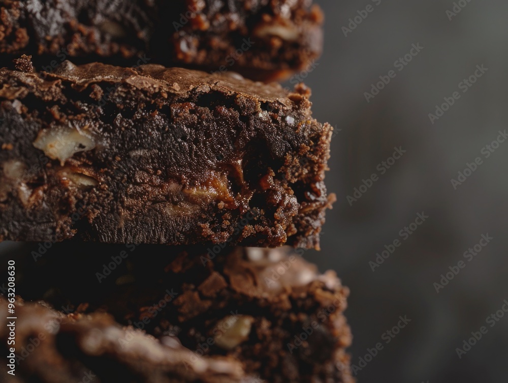 Fototapeta premium A stack of brownies with nuts on top. The brownies are cut in half and are piled on top of each other