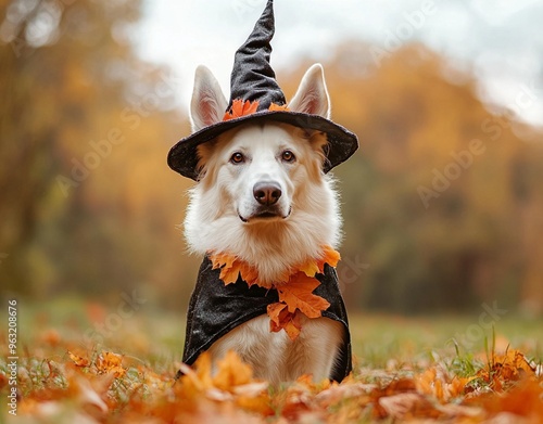 A beautiful dog wearing a witch costume to celebrate Halloween photo