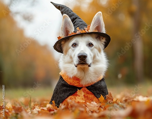 A beautiful dog wearing a witch costume to celebrate Halloween photo