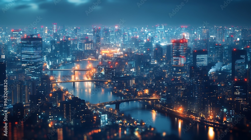 Smart city digital transformation development concept Band lights over modern urban cityscape at night New fast internet communication 5G technology Fiber Optics : Generative AI Smart city digital transformation development concept Band lights over modern urban cityscape at night New fast internet communication 5G technology Fiber Optics : Generative AI