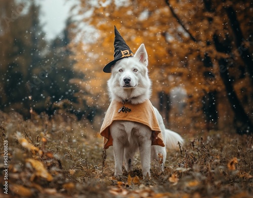 A beautiful dog wearing a witch costume to celebrate Halloween photo