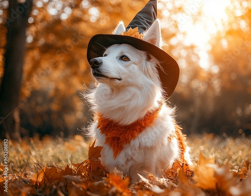 A beautiful dog wearing a witch costume to celebrate Halloween photo