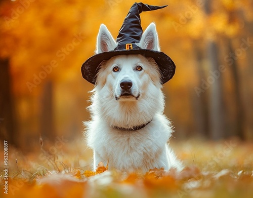 A beautiful dog wearing a witch costume to celebrate Halloween photo