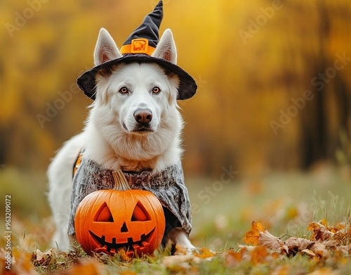 A beautiful dog wearing a witch costume to celebrate Halloween photo