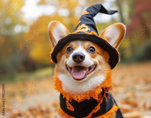 A beautiful dog wearing a witch costume to celebrate Halloween photo