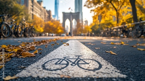 Bike lane road sign New York Brooklyn Bridge bicycle path cycle route in Manhattan downtown Cyclists way City Hall Park Recreational sport activity infrastructure United States One Way : Generative AI photo