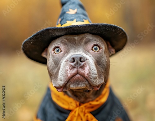 A beautiful dog wearing a witch costume to celebrate Halloween photo