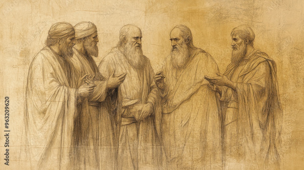 Fototapeta premium Biblical Illustration: King Hezekiah Sends Officials in Sackcloth to Isaiah, Symbolizing Humility and the Search for Divine Guidance in the Face of the Assyrian Threat