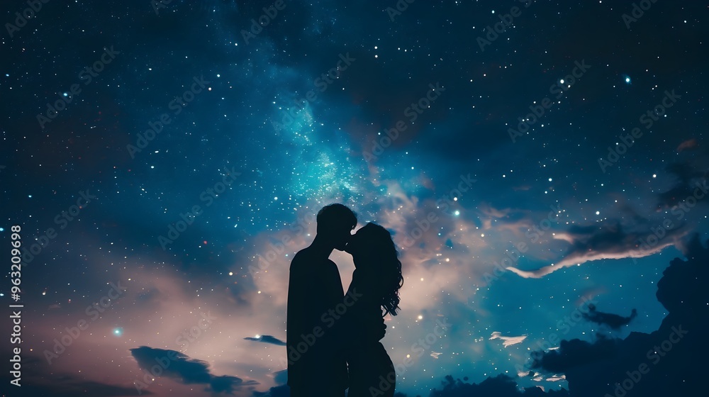 Couple Sharing Tender Kiss Under Starry Night Sky Lost in Romantic Embrace
