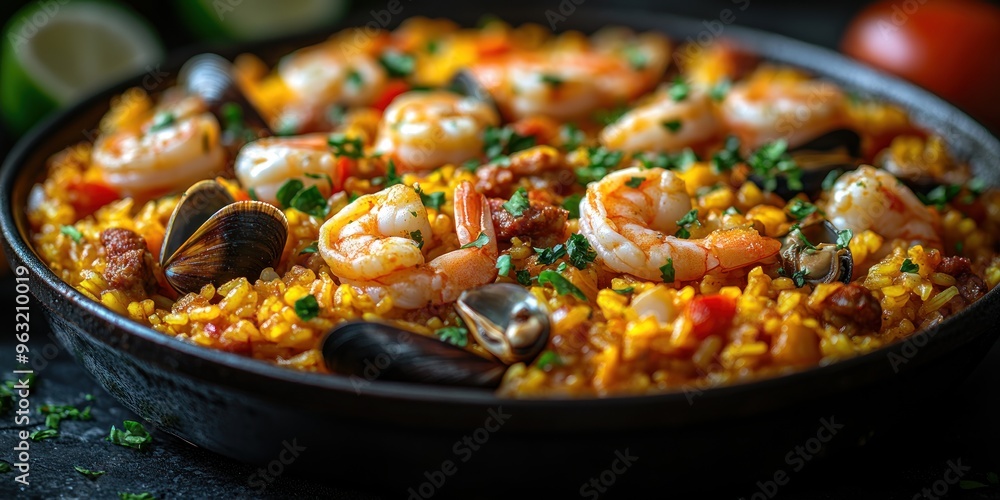 Close-up of a bowl of paella with shrimp, mussels, and rice Close-up of a bowl of paella with shrimp, mussels, and rice