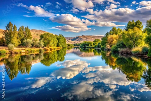 A breathtaking panoramic view of the Yakima River in Ellensburg Washington with its stunning reflection in the water, Ellensburg, Washington, serene, reflection, landscape