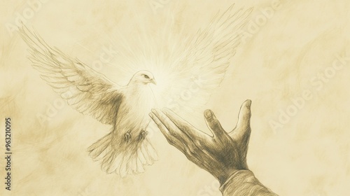 Biblical Illustration: Hezekiah as a Helpless Dove, Hands Lifted in Prayer, Surrounded by the Faint Light of Hope photo