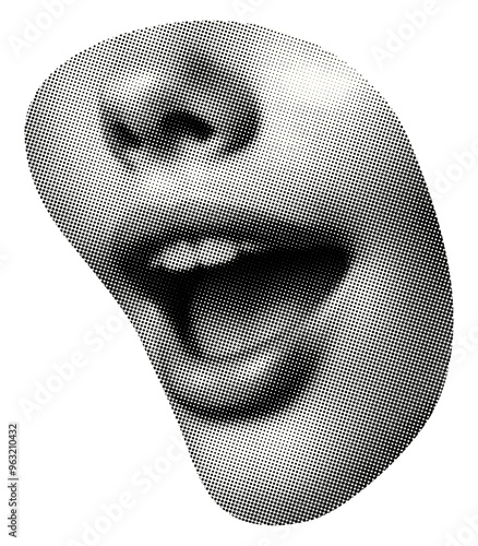 face part with smiling mouth isolated retro halftone grunge dotted effect cut-out collage element for mixed media design