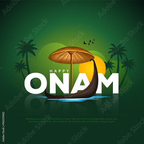 Happy Onam Festival concept with rowing a snake boat during the 'Onam' festival. Happy Onam celebration greetings