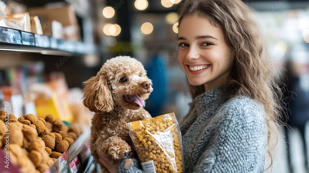 Beautiful young woman enjoying in modern pet shop together with her adorable brown toy poodle She is holding dog food bag : Generative AI Beautiful young woman enjoying in modern pet shop together with her adorable brown toy poodle She is holding dog food bag : Generative AI