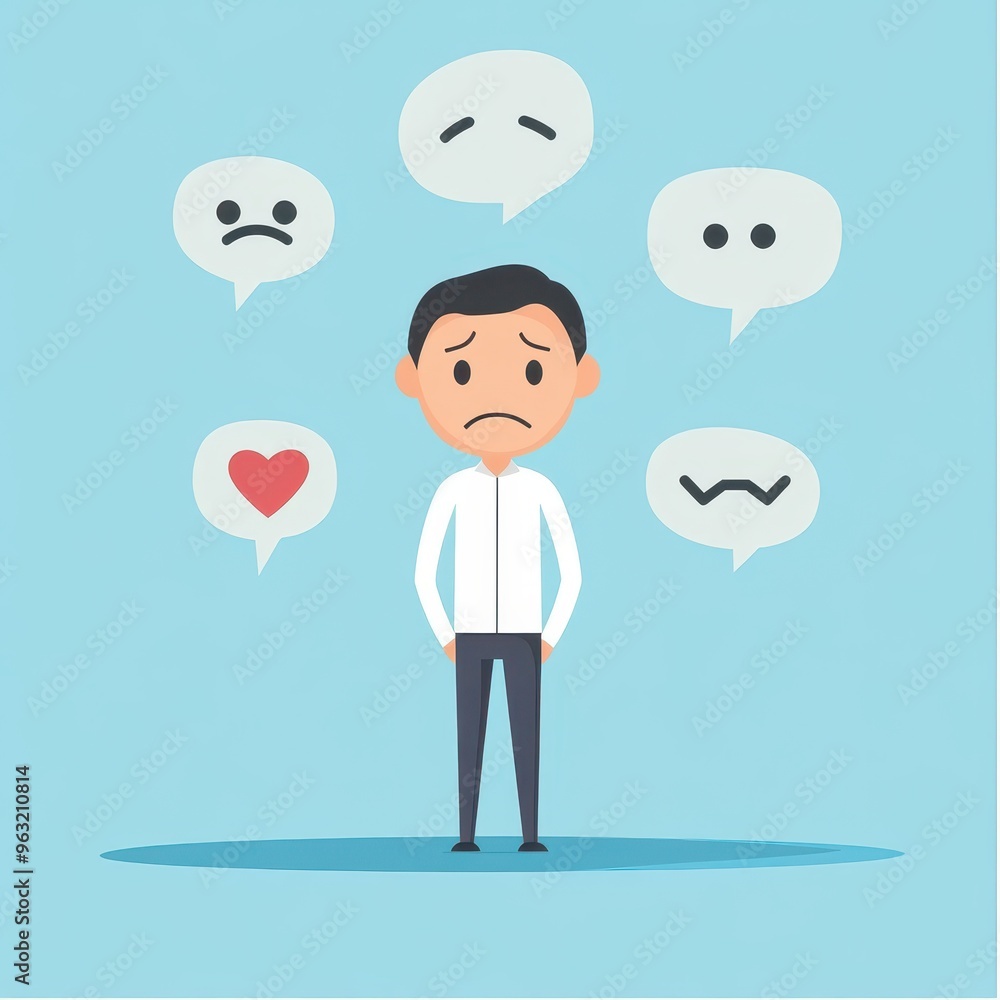 A man stands surrounded by various emotions, struggling to process them. He appears overwhelmed and uncertain. A man stands surrounded by various emotions, struggling to process them. He appears overwhelmed and uncertain.