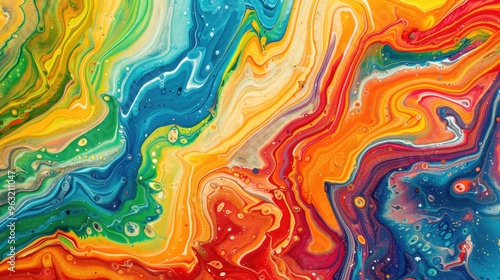 Abstract marbled acrylic paint with bold colors and swirling rainbow patterns.