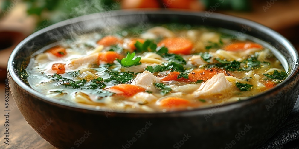 Steaming Bowl of Chicken Noodle Soup with Carrots and Parsley Steaming Bowl of Chicken Noodle Soup with Carrots and Parsley