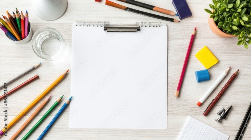 A modern home office desk is set up for creativity with drawing paper, crayons, watercolor pencils, and a glass of lemonade in a well-lit space A modern home office desk is set up for creativity with drawing paper, crayons, watercolor pencils, and a glass of lemonade in a well-lit space