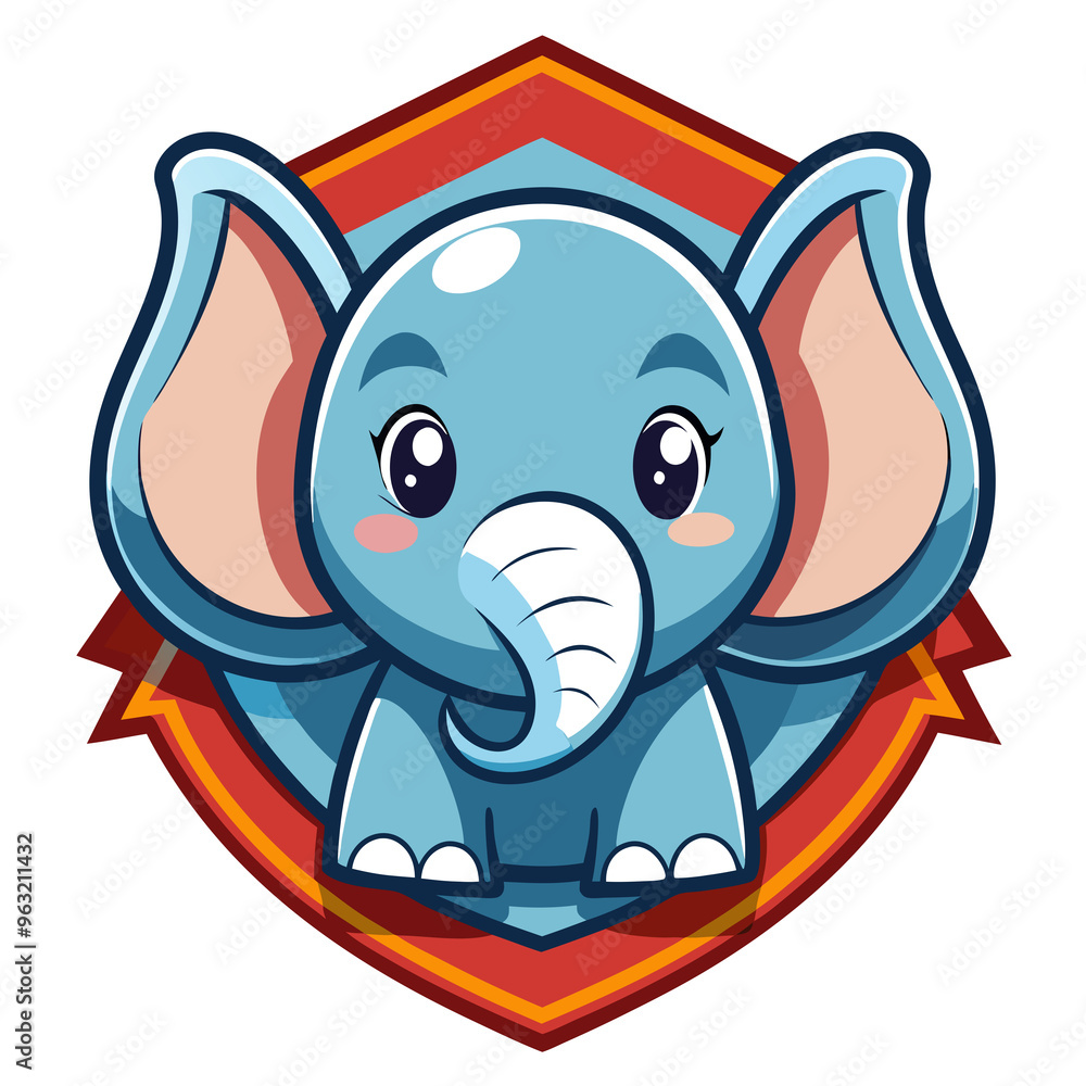 Fototapeta premium Cute Cartoon Elephant with Large Ears in a Colorful Shield