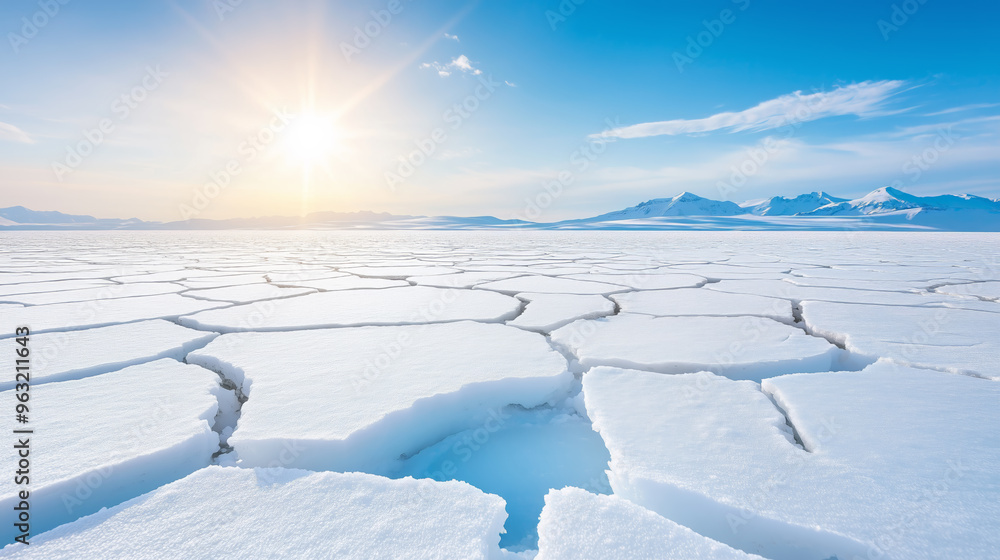 Serene winter landscape at sunrise over frozen terrain Serene winter landscape at sunrise over frozen terrain