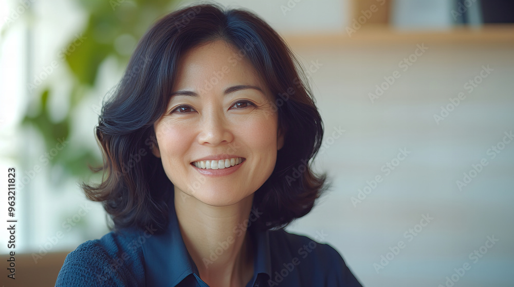 A woman with a smile on her face is sitting in front of a window. She is wearing a blue shirt and has a potted plant behind her A woman with a smile on her face is sitting in front of a window. She is wearing a blue shirt and has a potted plant behind her