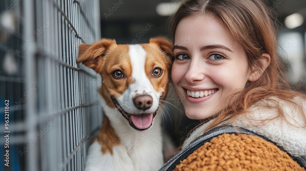 Cheerful young woman customer with dog at pet shop new choosing carrier : Generative AI Cheerful young woman customer with dog at pet shop new choosing carrier : Generative AI