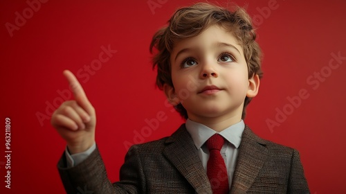 Young boy plays role of businessman against vibrant red studio background Children dreaming big and exploring different occupations Concept of children dreams future career games fanta : Generative AI photo