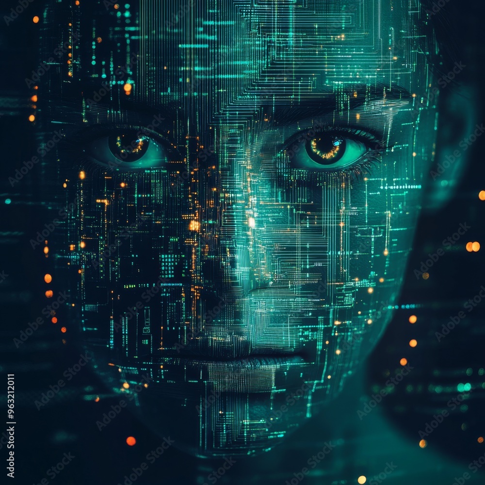 Human face obscured by digital firewall with glowing circuits and pixels in sci-fi style Human face obscured by digital firewall with glowing circuits and pixels in sci-fi style