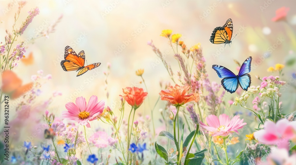 Fototapeta premium Colorful wildflowers bloom in a sunny meadow as butterflies flutter gracefully through the air, creating a lively atmosphere. Generative AI