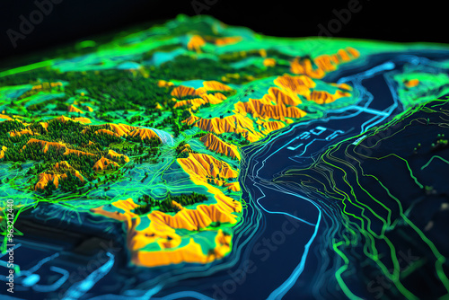 Technical aerial visual, 3D LiDAR GIS aerial map satellite scan model isolated, showing Rustavi, Georgia . Elevation, topography, render photo