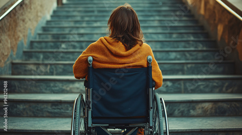 Woman in a wheelchair faces the challenges of inaccessibility while seated at the bottom of a flight of stairs photo