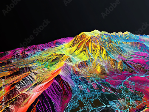 Technical aerial visual, 3D LiDAR GIS aerial map satellite scan model isolated, showing Rustavi, Georgia . Elevation, topography, render photo