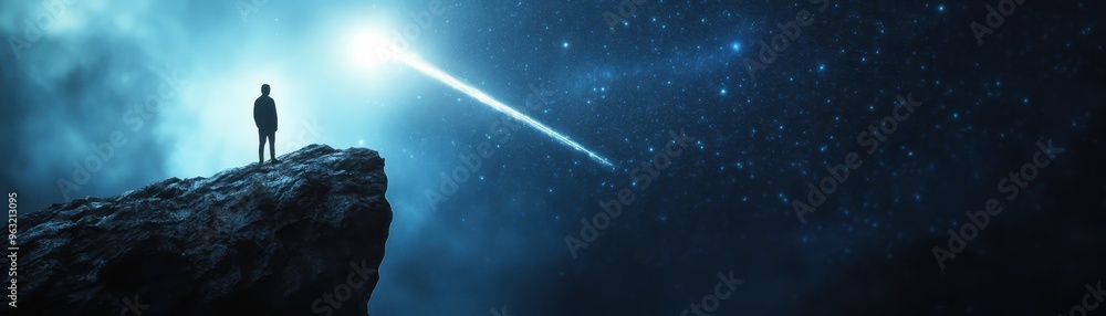 Silhouette of Person on Cliff Watching Meteor in Starry Night Sky with Blue Nebula Silhouette of Person on Cliff Watching Meteor in Starry Night Sky with Blue Nebula