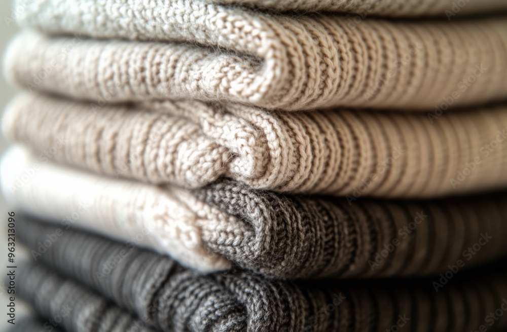 Close-up of Stacked Knitted Sweaters: Cozy and Stylish Close-up of Stacked Knitted Sweaters: Cozy and Stylish