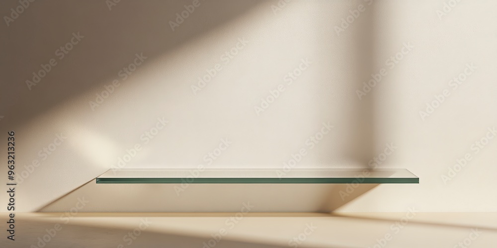 Glass shelf against a beige wall with sunlight casting shadows. Glass shelf against a beige wall with sunlight casting shadows.