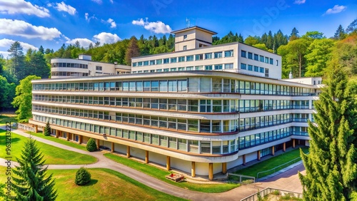 Rodnik sanatorium,bright, building, Mount Mashuk Macro, A bright modernist building of the multi storey Rodnik sanatorium on Mount Mashuk Macro photo