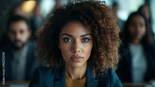 Curly-haired businesswoman sits in a meeting room with her colleagues blurred in the background