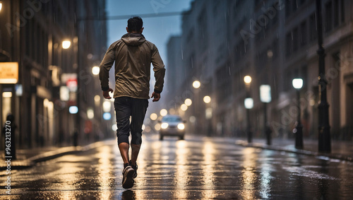 Man running in the rain along a city street at night