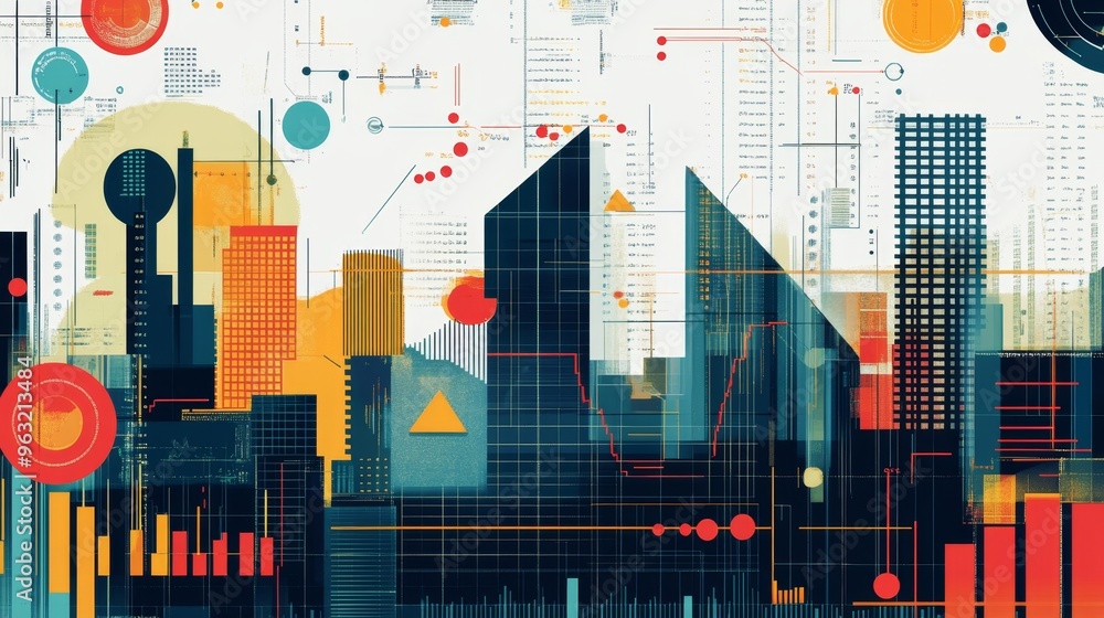 Obraz premium Detailed illustration of urban economic indicators: GDP, inflation, and unemployment trends