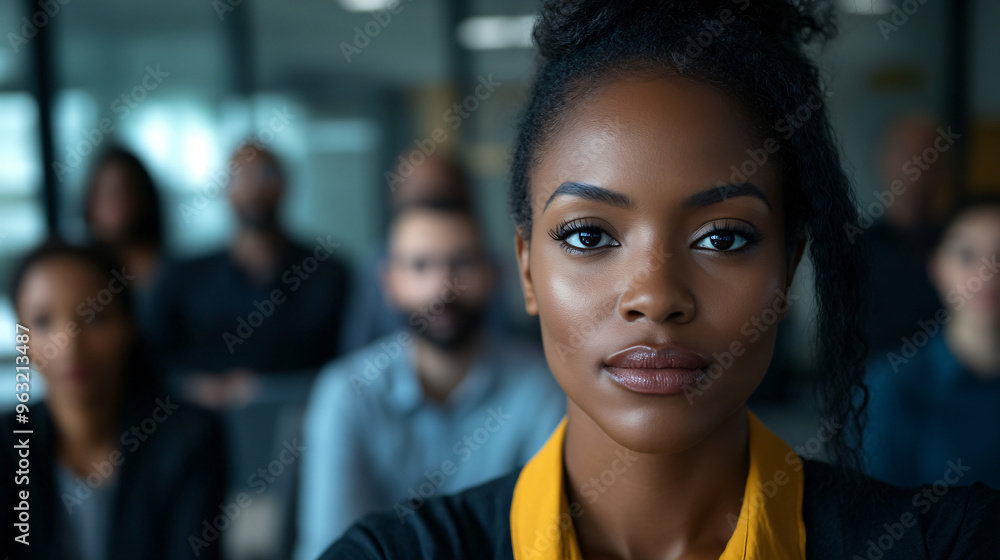 Young businesswoman stands in front of her team in a modern office, conveying leadership and determination Young businesswoman stands in front of her team in a modern office, conveying leadership and determination