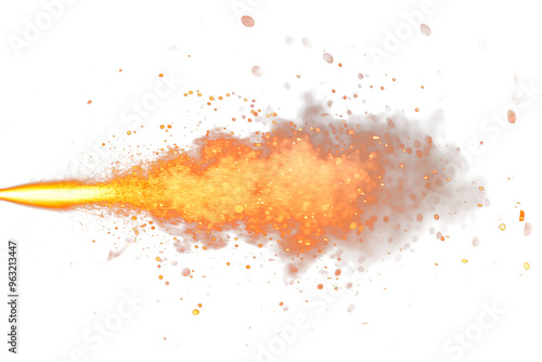 Overlay of a muzzle flash isolated on a white or transparent background. Close-up of the flame bursting from a firearm, design element, muzzle flash.